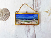 Summer Beach Day Mini Original Painting in Hanging Brass Frame