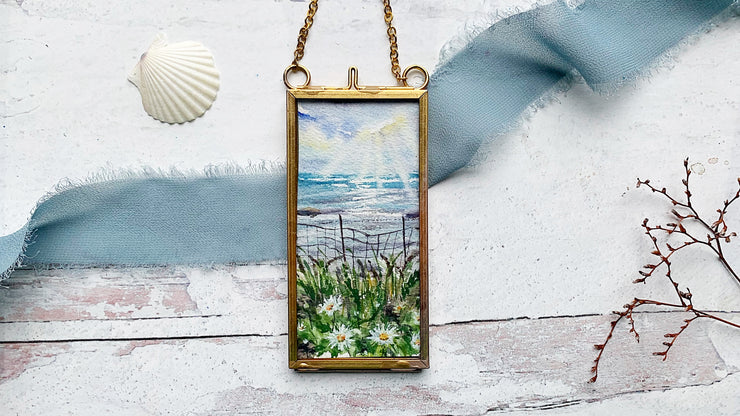 Ocean Daisies, Mini Original Painting in Hanging Brass Frame