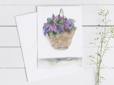 Lilac bag 5x7 in blank greeting card, floral stationery, thank you card, congratulations card, thinking of you, birthday card, card for mom