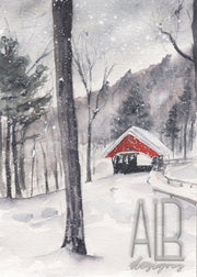 Red Bridge  5x7in  winter greeting card, winter art, stationery