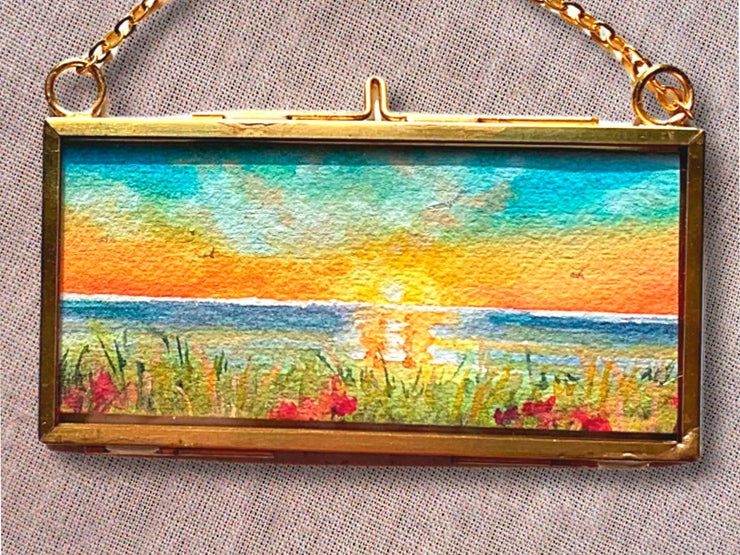 Golden Sunset, Mini Original Painting in Hanging Brass Frame