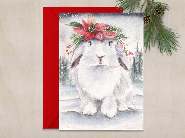 Poinsettia Bunny 2021 5x7 Blank Christmas Greeting Card