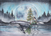 Christmas Whale and Moon 8x10 or 5x7 Fine Art Print