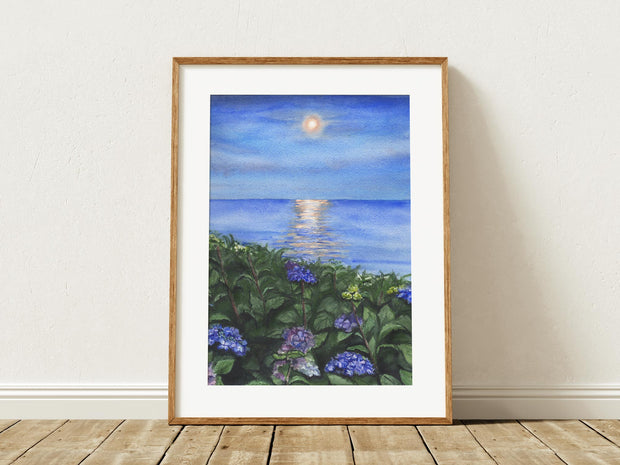 Hydrangea Moonlight  Coastal Watercolor Print – 5x7, 8x10, or 11x14 Fine Art by ALR Designs