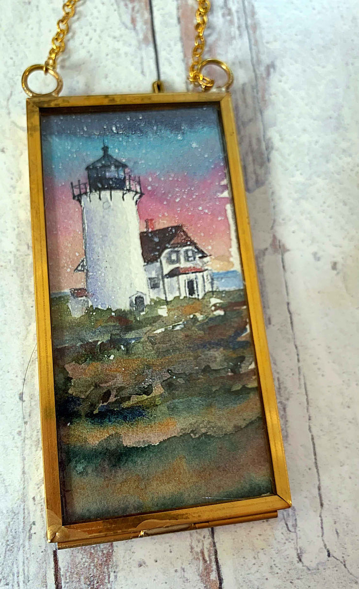 Race Point Sunset Mini Original Painting in Hanging Brass Frame