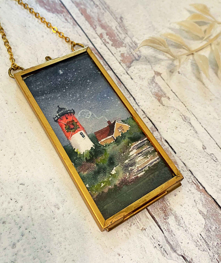 Nauset Light Christmas Mini Original Painting in Hanging Brass Frame