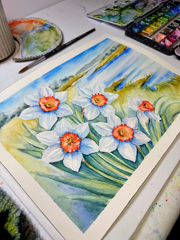 Daffodils by the Sea Original Watercolor Painting