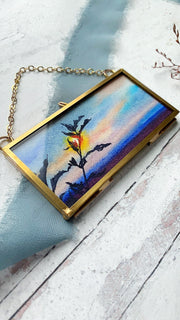 Sunset Silhouette, Mini Original Painting in Hanging Brass Frame
