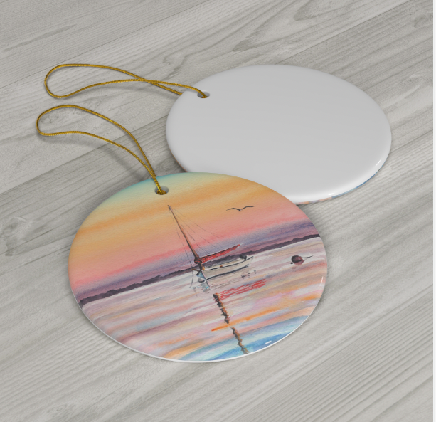 Colorful Sunset Sail Ceramic Christmas Ornament