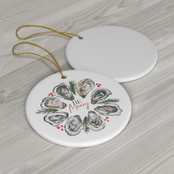 Merry Oyster Wreath Ceramic Christmas Ornament