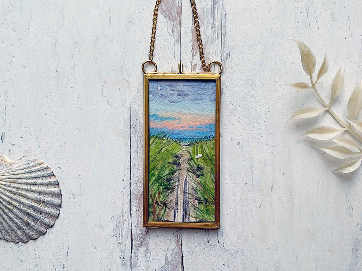 Cotuit Sunset, Mini Original Painting in Hanging Brass Frame