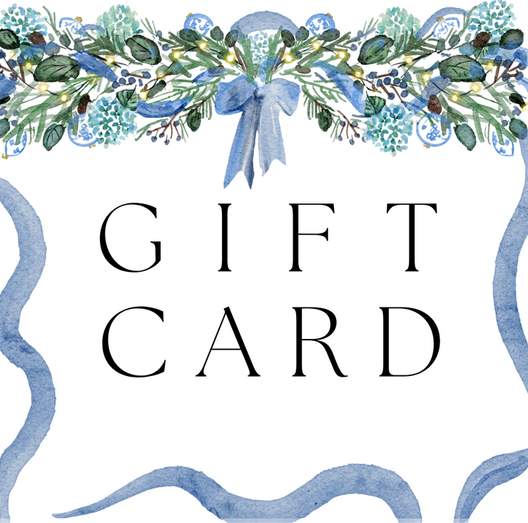 Gift card with decorative elements and branding on a white background