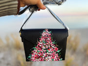 Hand-Painted Hydrangea Christmas Tree Envelope Crossbody Bag, black