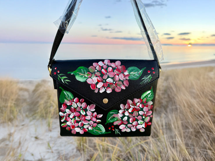 Hand-Painted Holiday Hydrangea Envelope Crossbody Bag, black