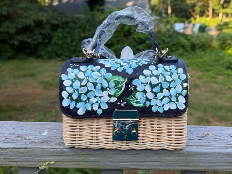 Hand Painted Hydrangea Bag Navy