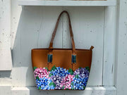 Hand Painted Hydrangea Zippered Tote Bag, tan with multi