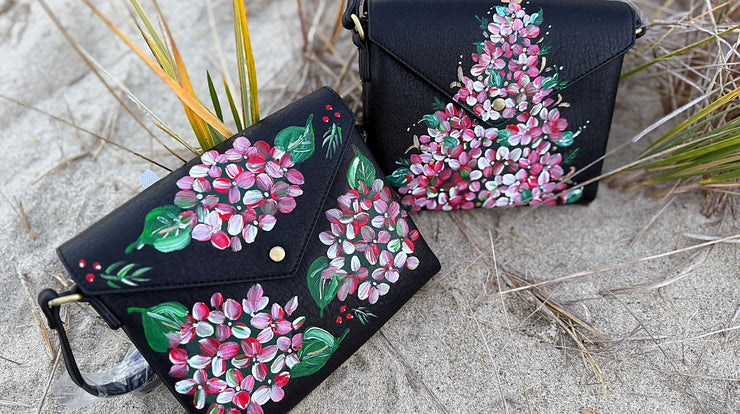 Hand-Painted Holiday Hydrangea Envelope Crossbody Bag, black
