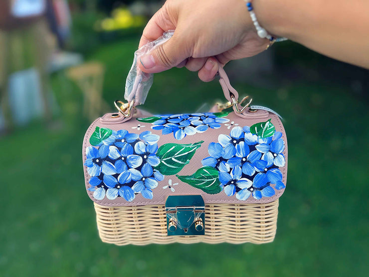 Hand Painted Hydrangea Bag- Blush with Blue  04