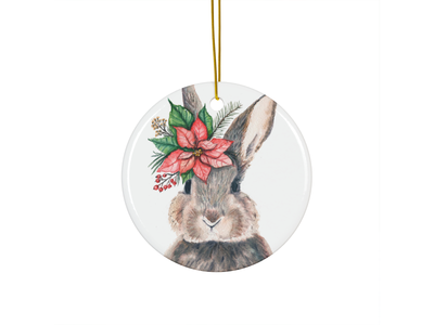 Poinsettia Bunny 2 Ceramic Christmas Ornament