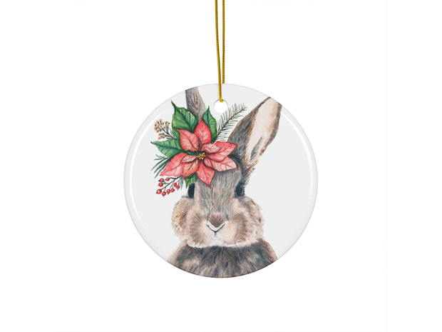 Poinsettia Bunny 2 Ceramic Christmas Ornament
