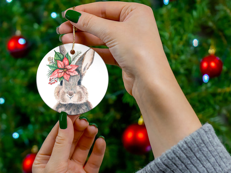 Poinsettia Bunny 2 Ceramic Christmas Ornament