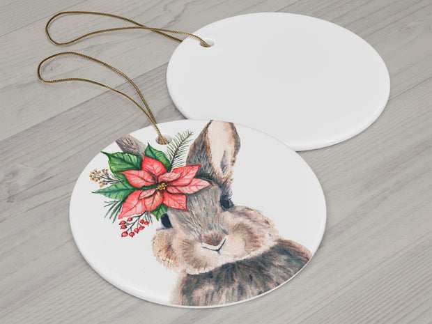 Poinsettia Bunny 2 Ceramic Christmas Ornament