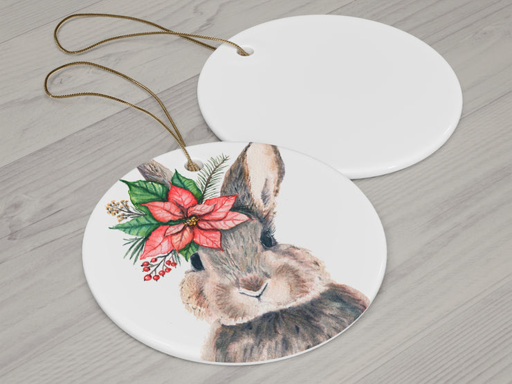 Poinsettia Bunny 2 Ceramic Christmas Ornament