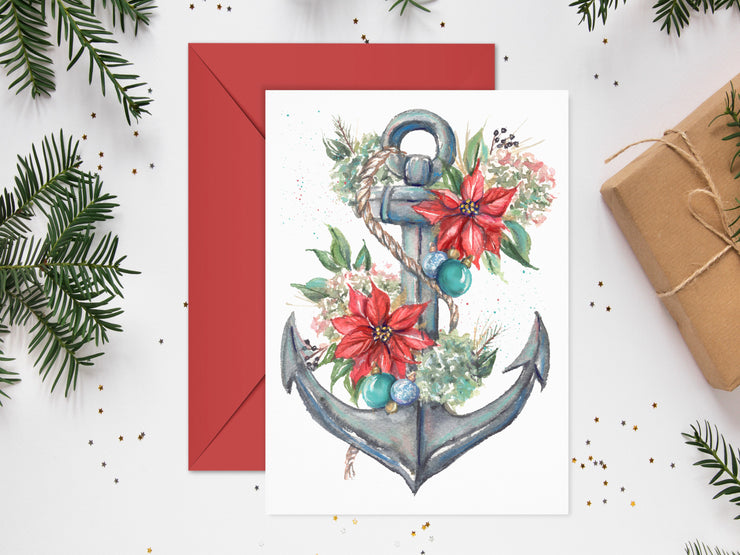 Poinsettia Anchor Blank Christmas Greeting Card