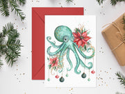 Poinsettia Octopus Blank Christmas Greeting Card