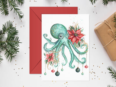 Poinsettia Octopus Blank Christmas Greeting Card