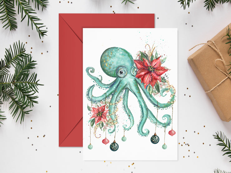 Poinsettia Octopus Blank Christmas Greeting Card