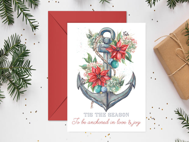 Poinsettia Anchor Blank Christmas Greeting Card