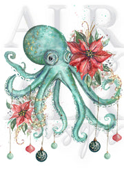 Poinsettia Octopus Blank Christmas Greeting Card