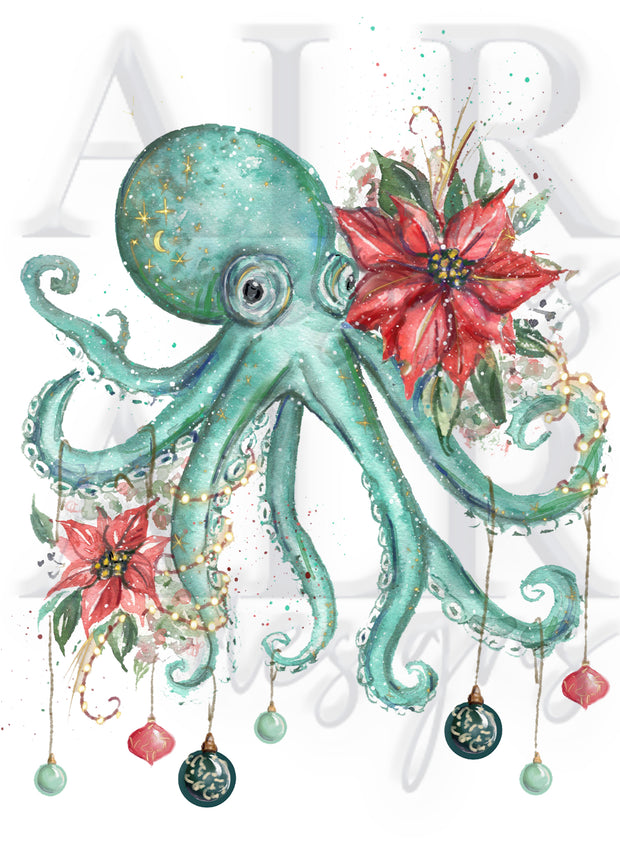 Poinsettia Octopus Blank Christmas Greeting Card