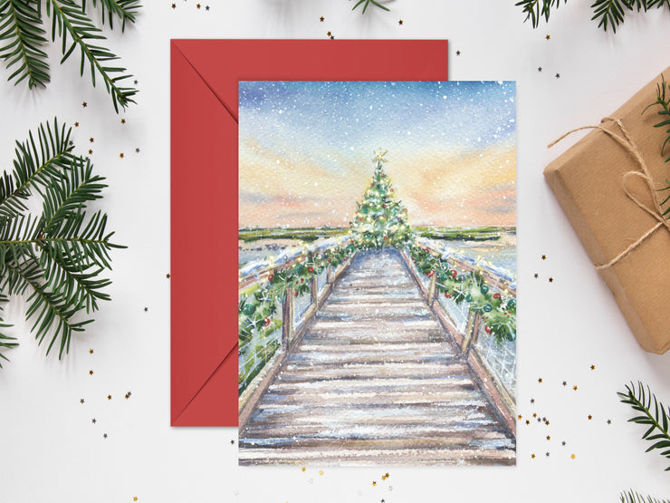 Christmas Beach Boardwalk Blank Christmas Greeting Card