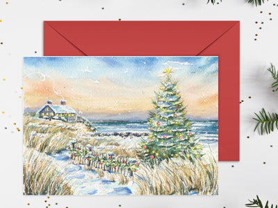 Christmas Beach Cottage Blank Christmas Greeting Card