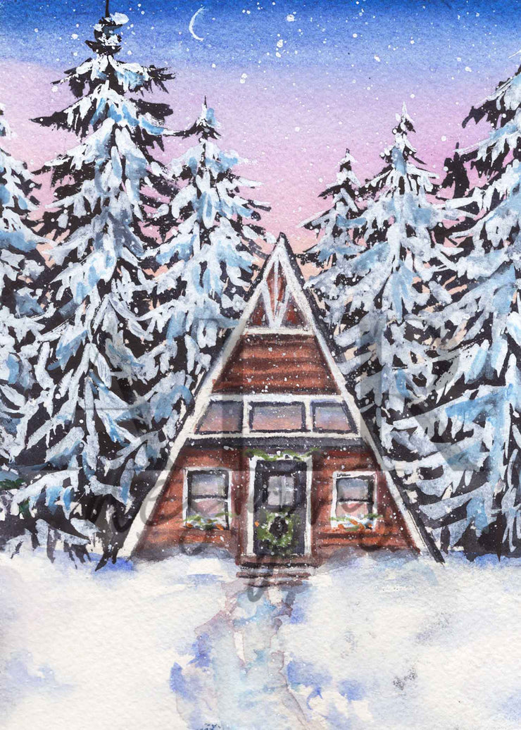 Winter A frame Cabin 5x7 Blank Christmas Greeting Card
