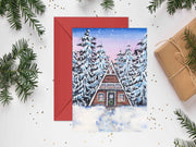 Winter A frame Cabin 5x7 Blank Christmas Greeting Card