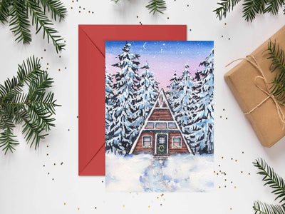 Winter A frame Cabin 5x7 Blank Christmas Greeting Card