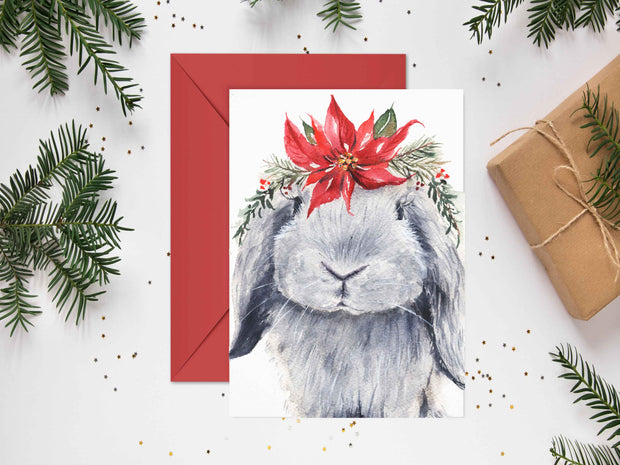 2023 Poinsettia Bunny 5x7 Blank Christmas Greeting Card
