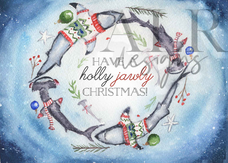Christmas Shark Wreath 5x7 Blank Christmas Greeting Card
