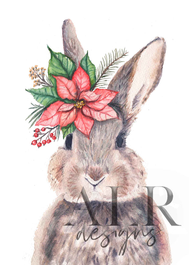 2024 Poinsettia Bunny 5x7 Blank Christmas Greeting Card
