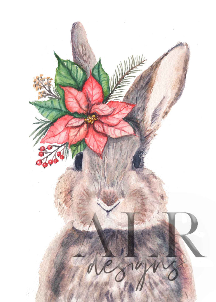 2024 Poinsettia Bunny 5x7 Blank Christmas Greeting Card