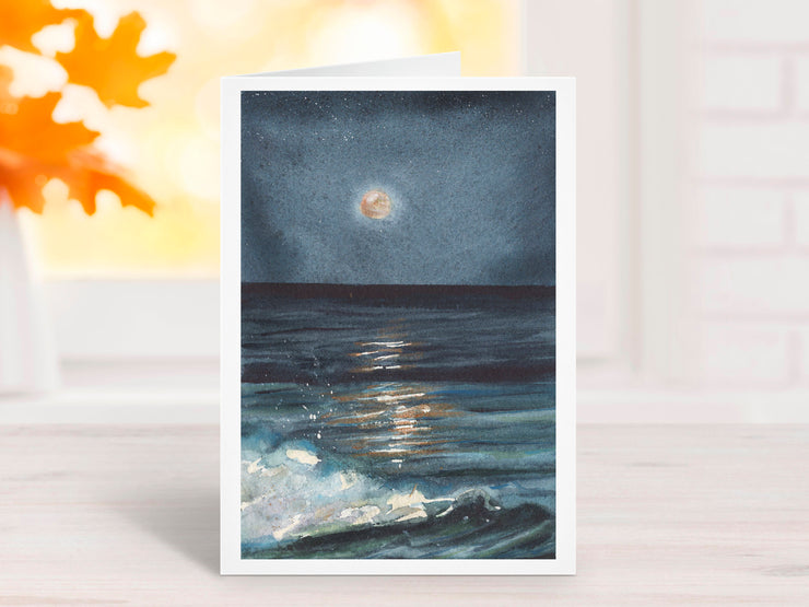 Harvest Moon Over Ocean 5x7 Blank Greeting Card