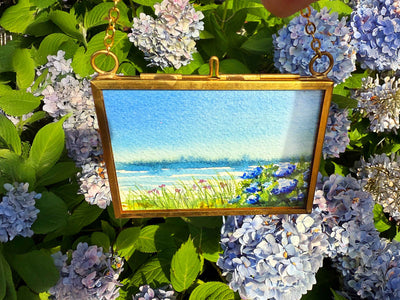 Hydrangeas and Wildflowers Painting in Hanging Brass Frame