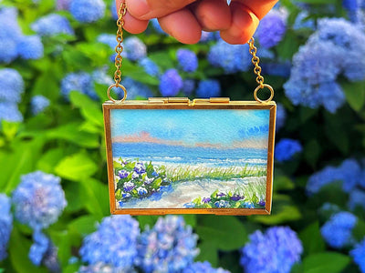 Hydrangea Sunrise Painting in Hanging Brass Frame