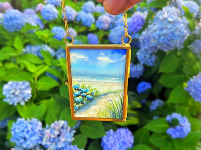 Hydrangea Beach Walk Painting in Hanging Brass Frame