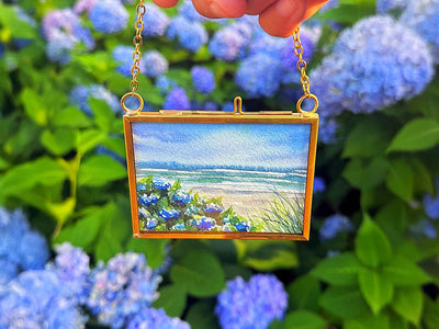 Coastal Hydrangeas Painting in Hanging Brass Frame