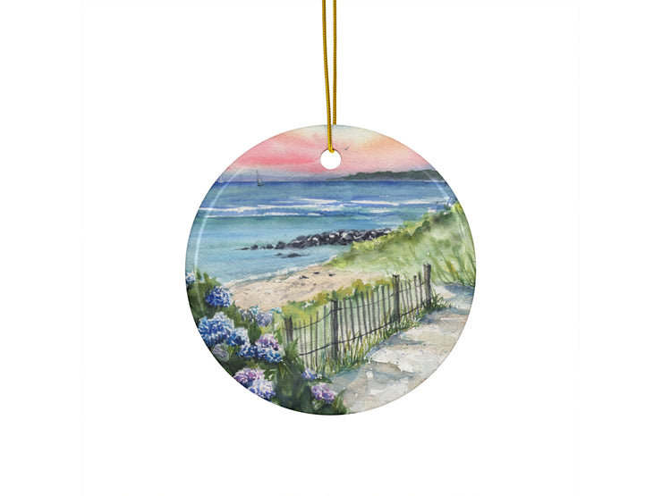 Hydrangea Beach Sunset Ceramic Christmas Ornament