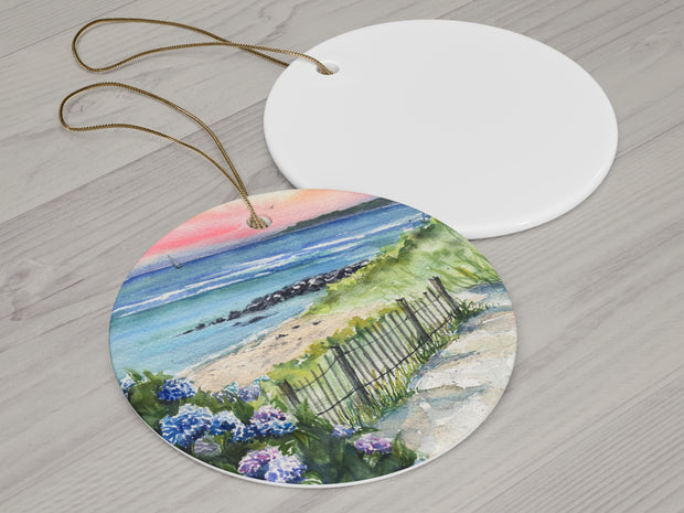 Hydrangea Beach Sunset Ceramic Christmas Ornament